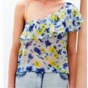 Zara Women's Floral Print Ruffle Tiered Sheer One-shoulder Top Size XS